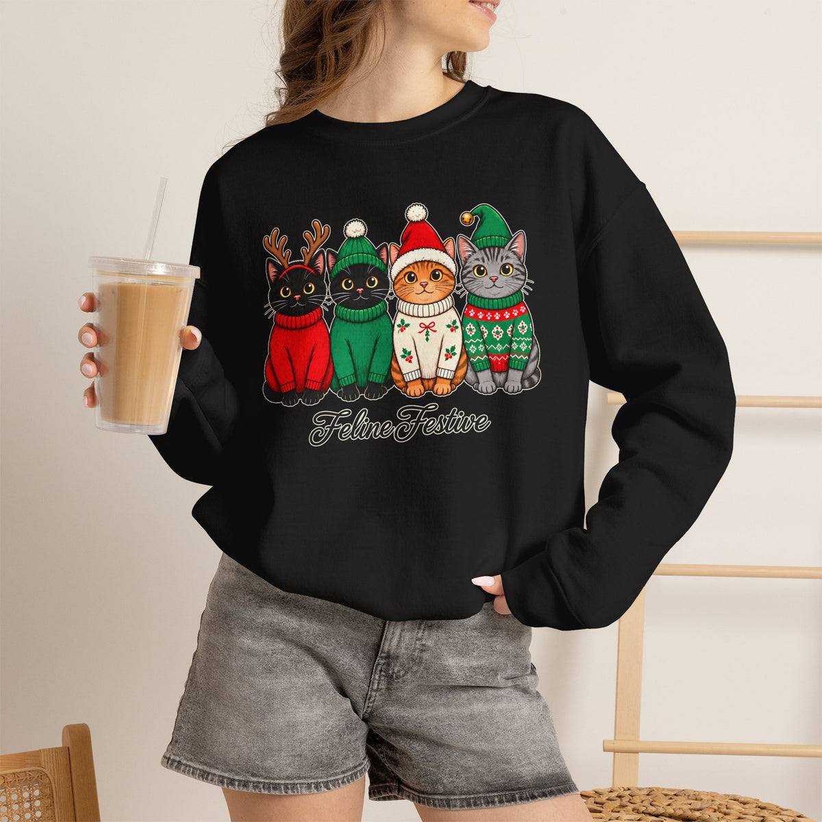 Feline Festive Sweatshirt, Cute Christmas Cats Crewneck - 14564