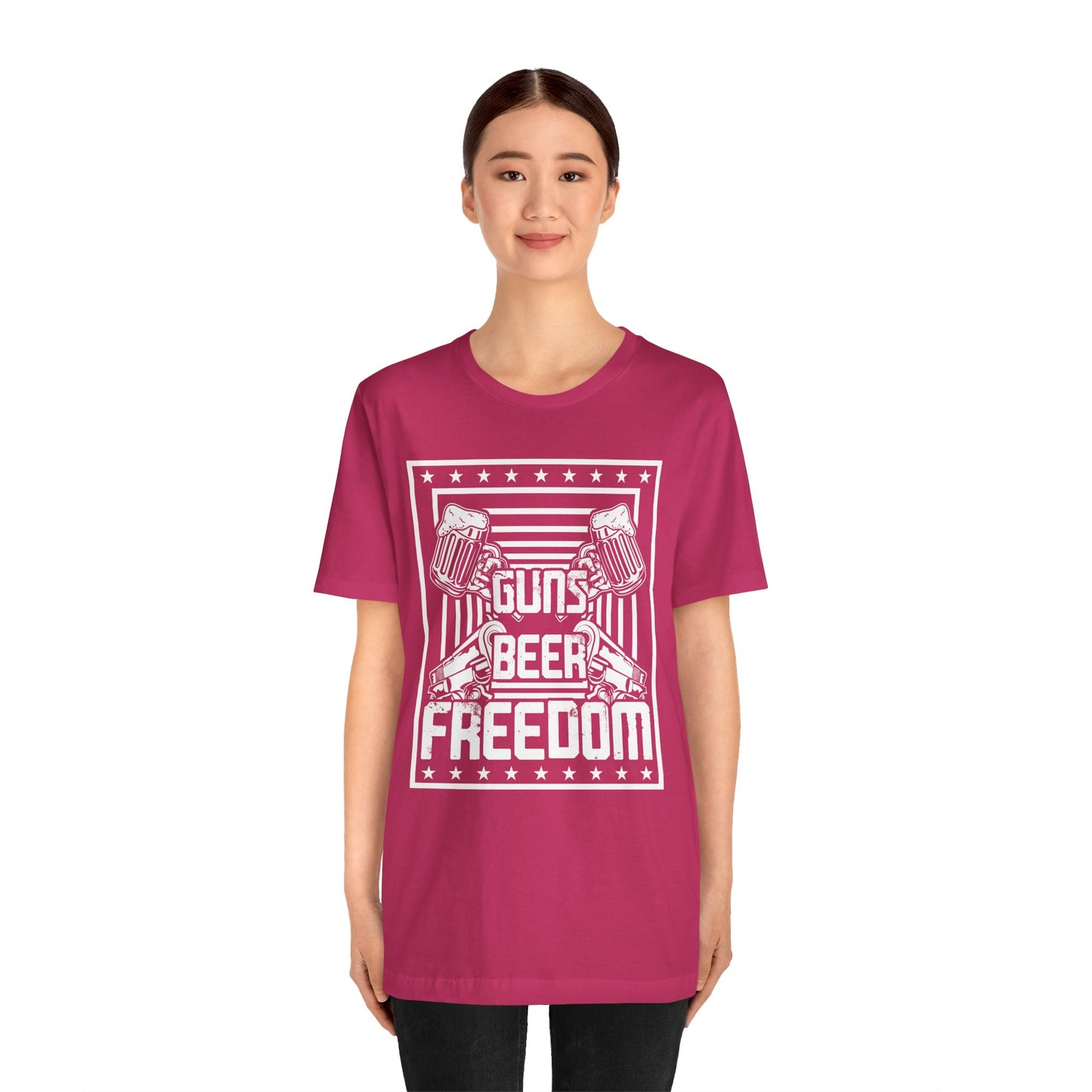 4th of July, Guns Beer Freedom Unisex Tee, Casual Shirt, Patriotic Apparel, Gift for Him, Party Tee, Everyday Wear - 13598