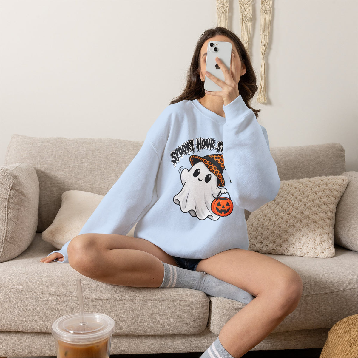 Spooky Hour Starts Now Sweatshirt, Cute Halloween Ghost Crewneck - 14536