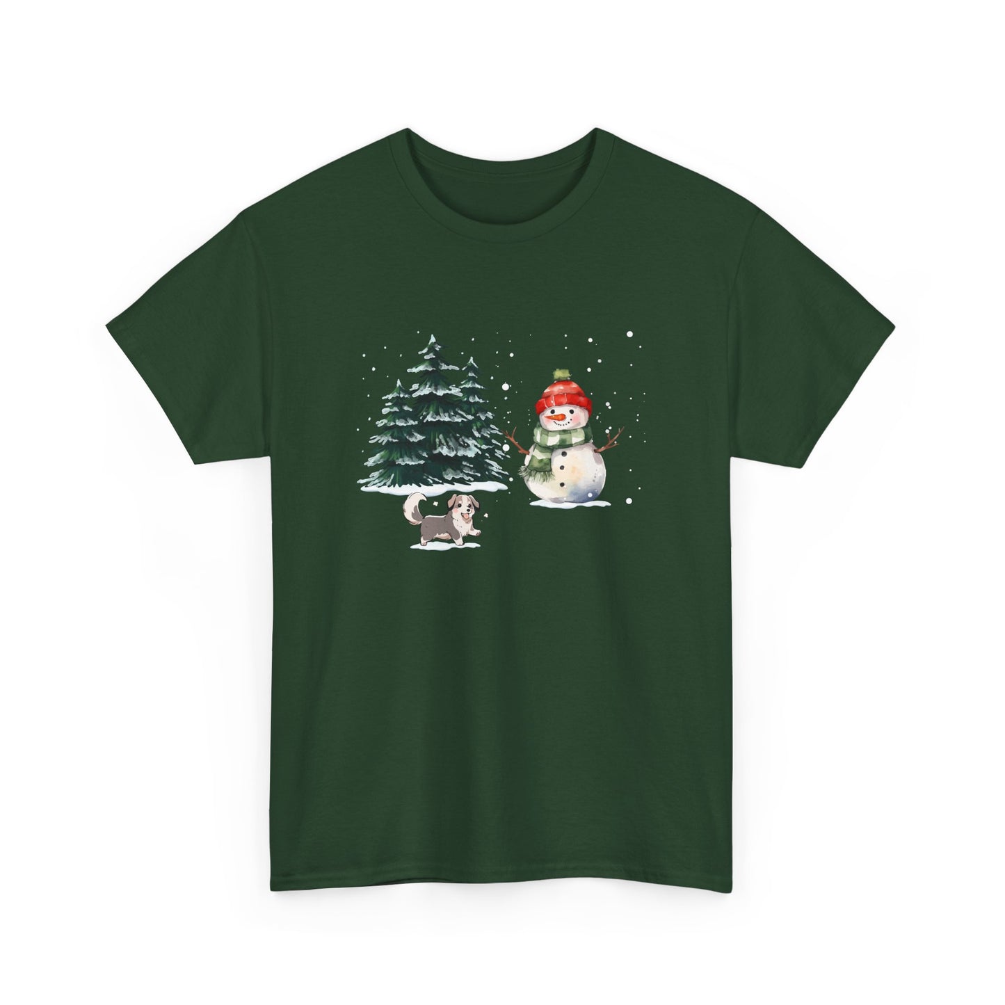 Winter Trees, Snowman & Puppy - Unisex Heavy Cotton Tee - 10278