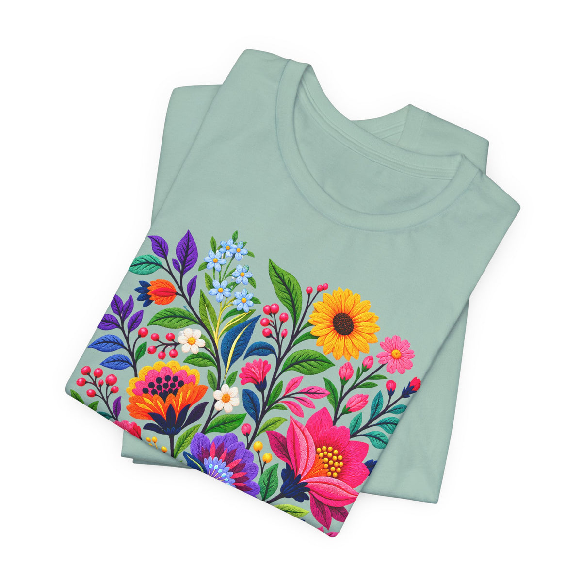 Bright Folk Art Floral T-Shirt, Colorful Flower Bouquet Tee - 14513