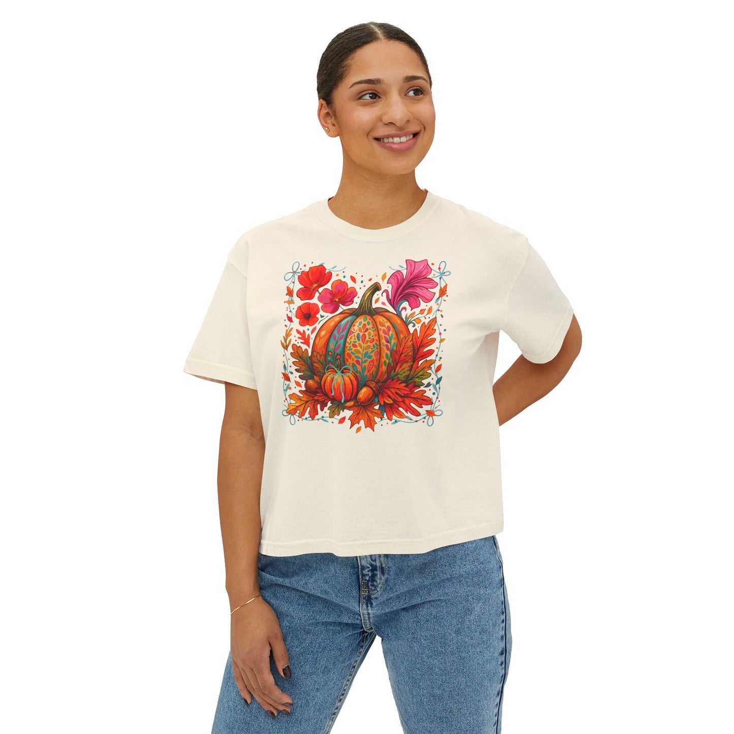 Autumn Pumpkin Floral Boxy T-Shirt,  Women’s Fall Harvest Graphic Tee - 14929
