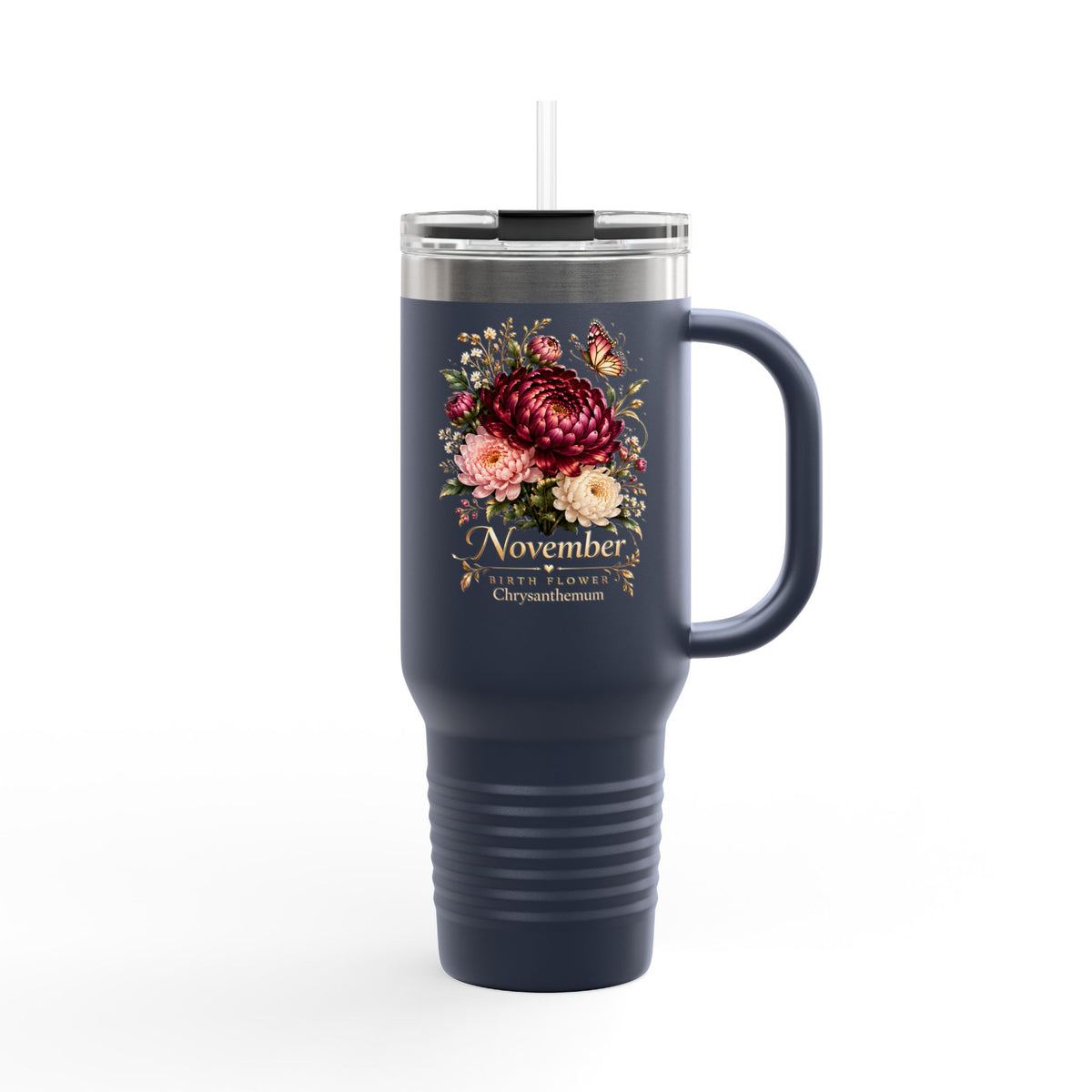 November Birth Flower 40oz Tumbler, Personalized Chrysanthemum Travel Mug - 14551