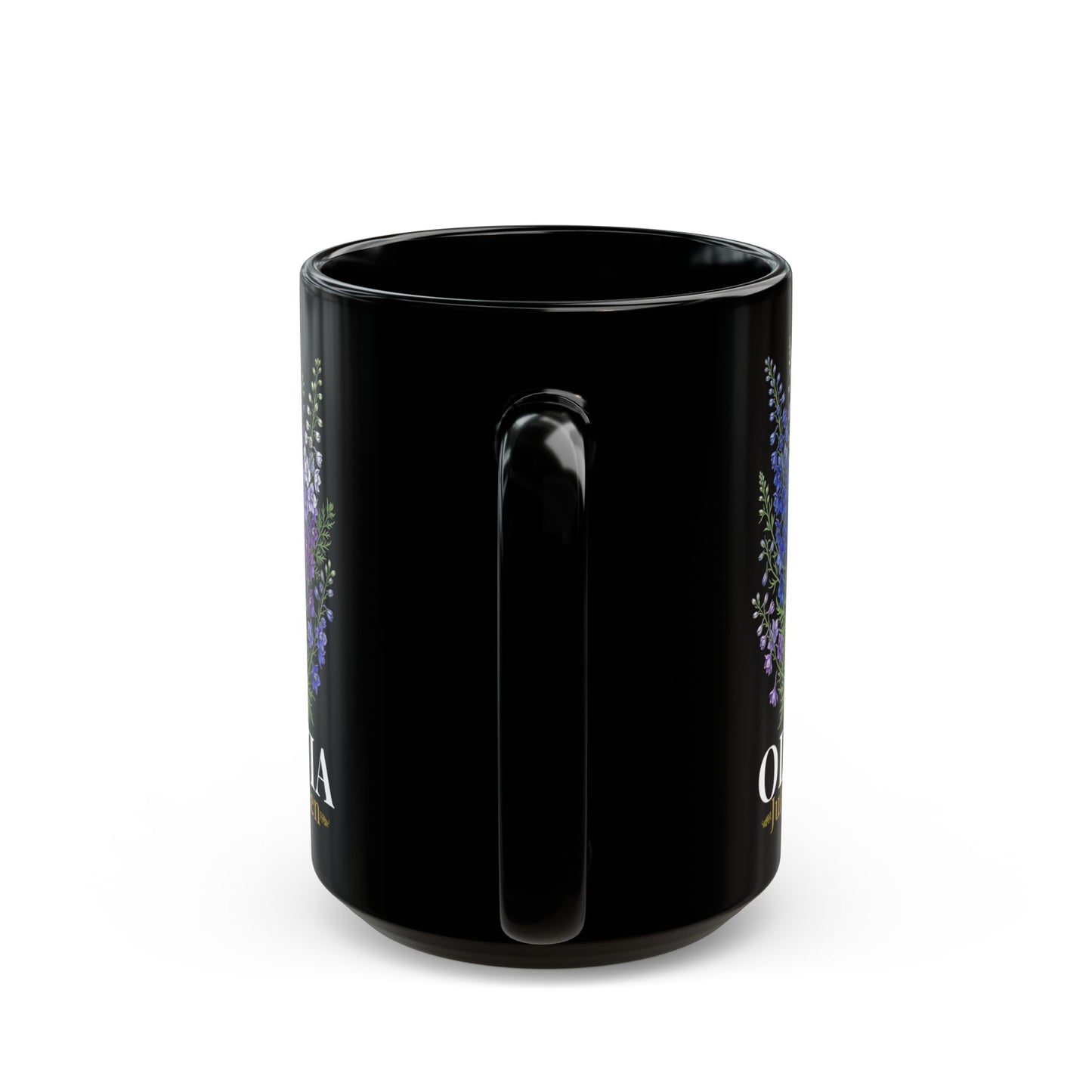 Personalized July Birth Flower Mug – Custom Name Larkspur Floral Coffee Cup, July Queen Gift for Her, Black Mug 11oz 15oz - 14905