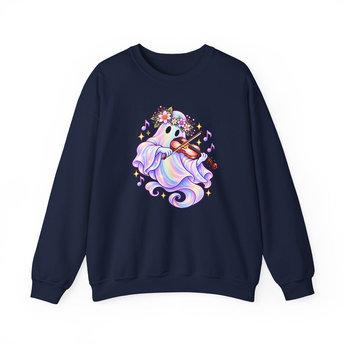 Ghost Violin Sweatshirt — Cute Floral Music Lover Crewneck - 14527
