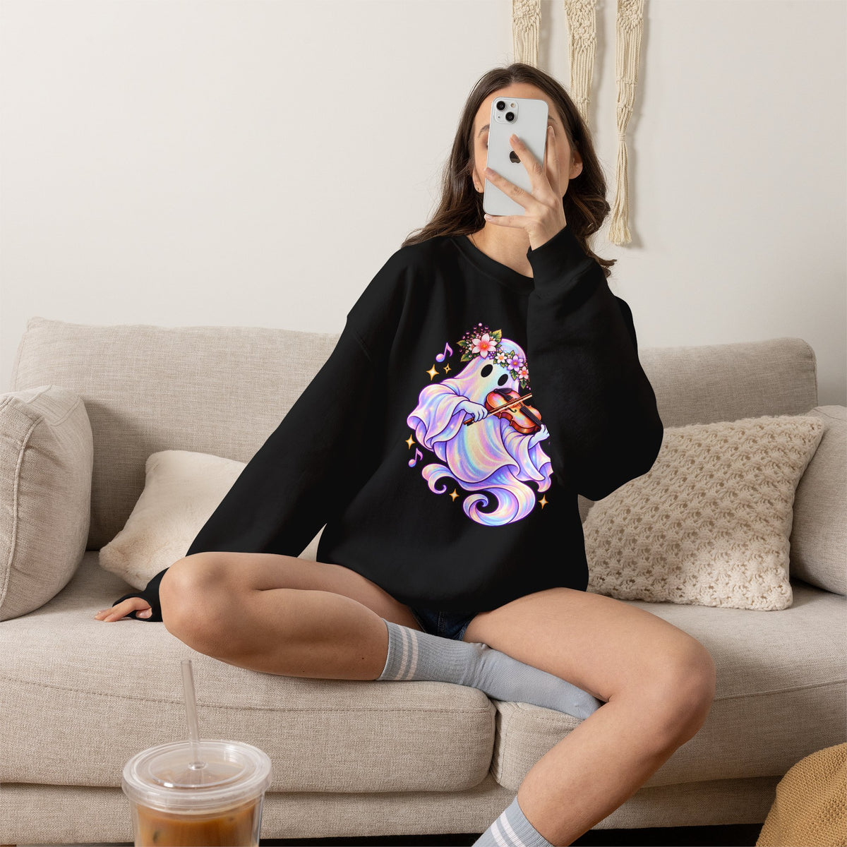 Ghost Violin Sweatshirt — Cute Floral Music Lover Crewneck - 14527