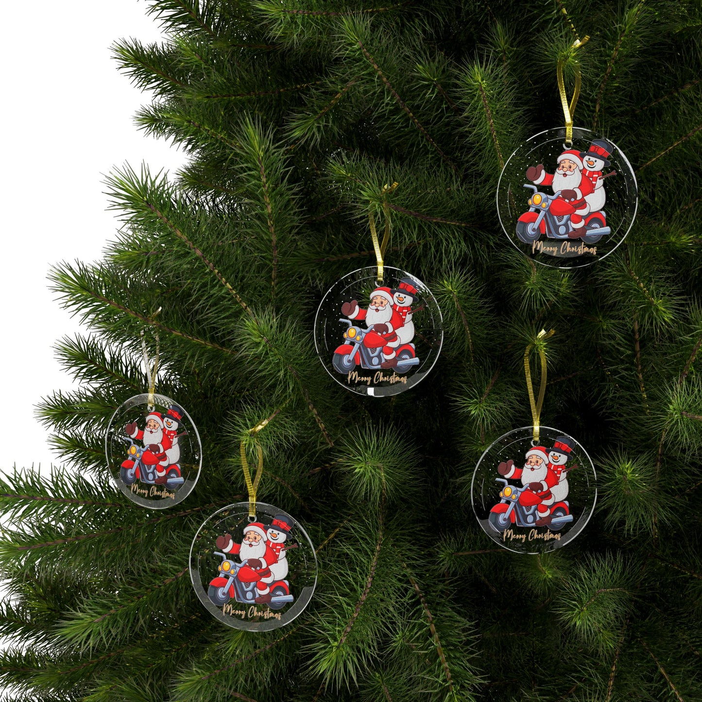 Santa & Snowman, Riding A Motorcycle - Glass Ornaments - 10424