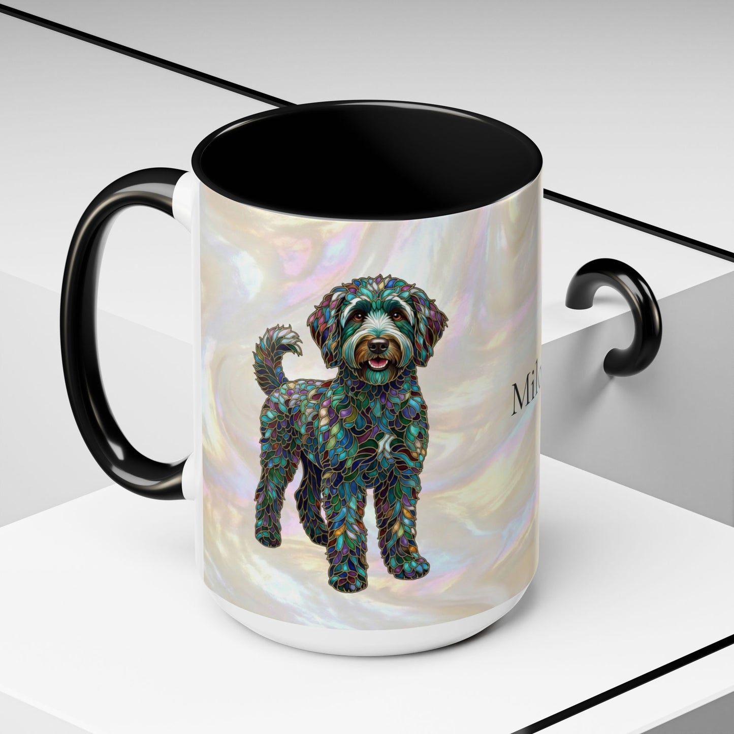 Personalized Labradoodle Dog Mug — Custom Name Accent Coffee Mug (11/15 oz) with Stained Glass Art - 14526