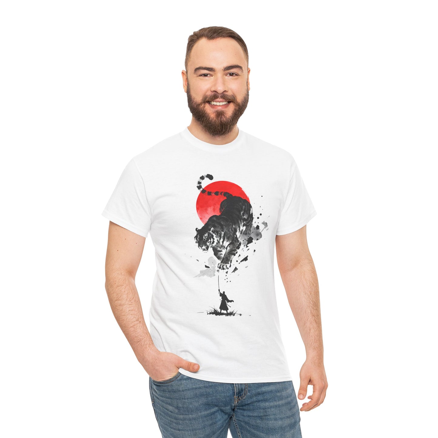 Tiger Spirit T-Shirt – Japanese Ink Tiger & Red Sun Samurai Graphic Tee - 14912