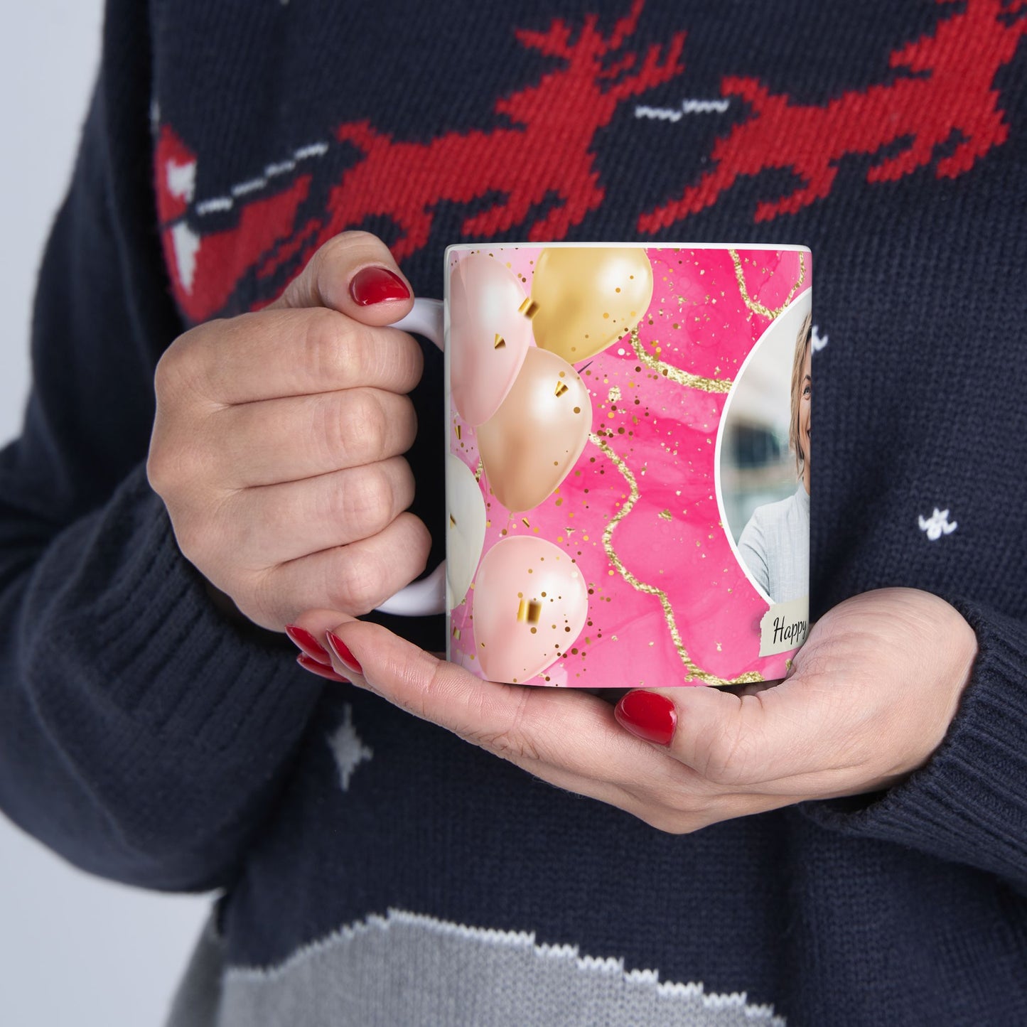 Happy Birthday Ceramic Mug, Personalized Gift, Celebration Drinkware, Pink Balloon Coffee Cup, Custom Photo Mug - 13992