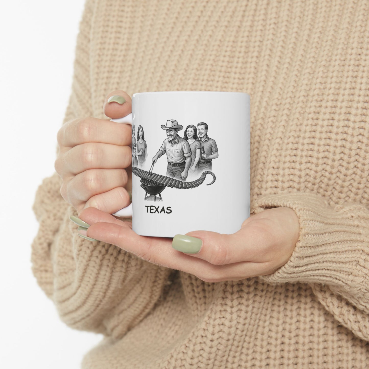 "In Texas, we don’t just ‘grill’—we make a day of it with family, friends, and the longest line of ribs you’ve ever seen." Ceramic Mug - 12752