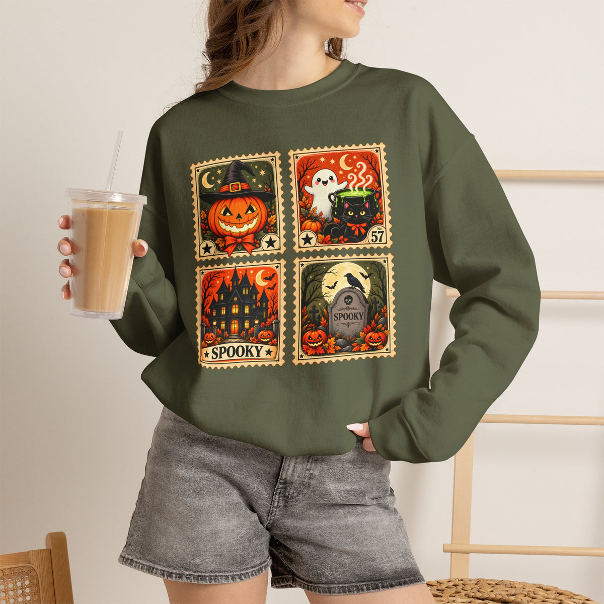 Vintage Halloween Stamp Sweatshirt, Spooky Pumpkin & Ghost Crewneck - 14510