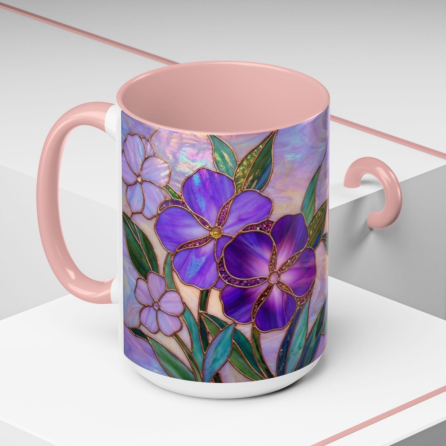 Stained Glass Violet Flowers Accent Coffee Mug, 11/15oz - 14537