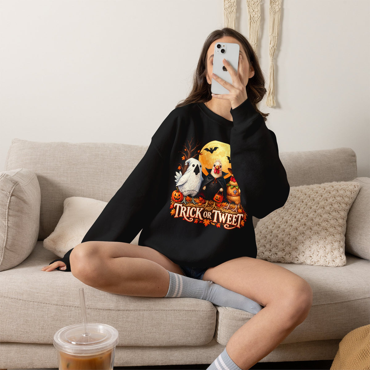 Trick or Tweet Halloween Sweatshirt, Cute Costume Chickens & Ghost Crewneck- 14512