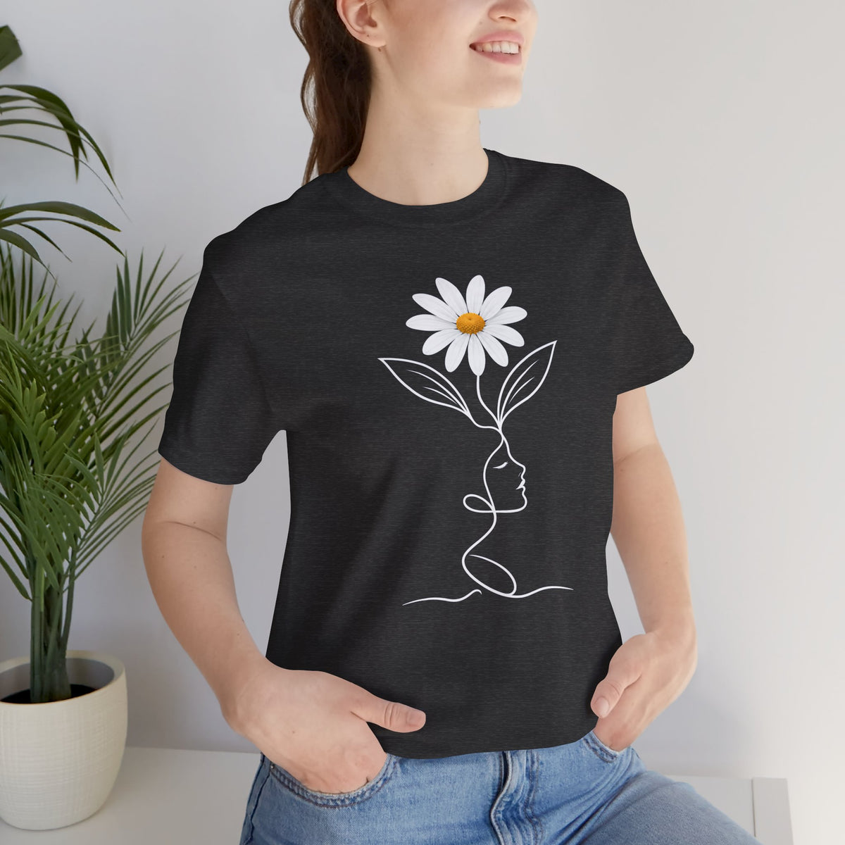 Daisy Woman Face T-Shirt, Minimalist Floral Line Art Tee - 14522