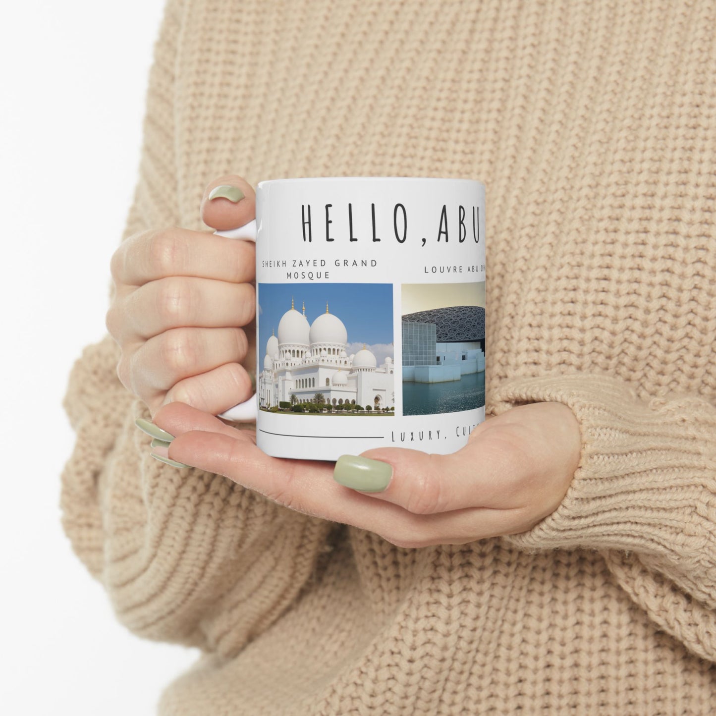 Hello Abu Dhabi! Ceramic Mug - 11oz & 15oz Coffee Cup with Scenic Design - 12097