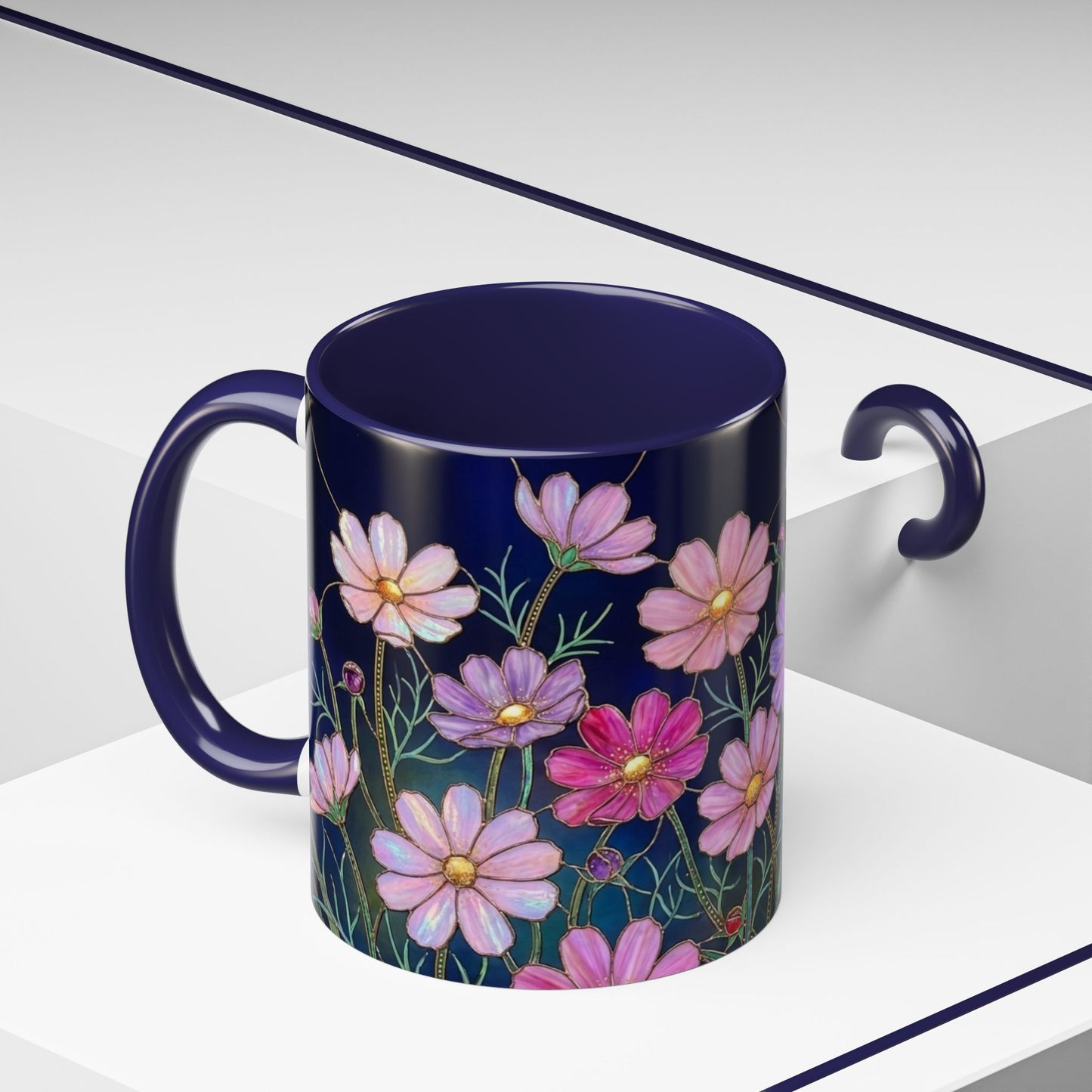 Cosmos Floral Accent Coffee Mug — Stained Glass Design 11/15oz - 14561