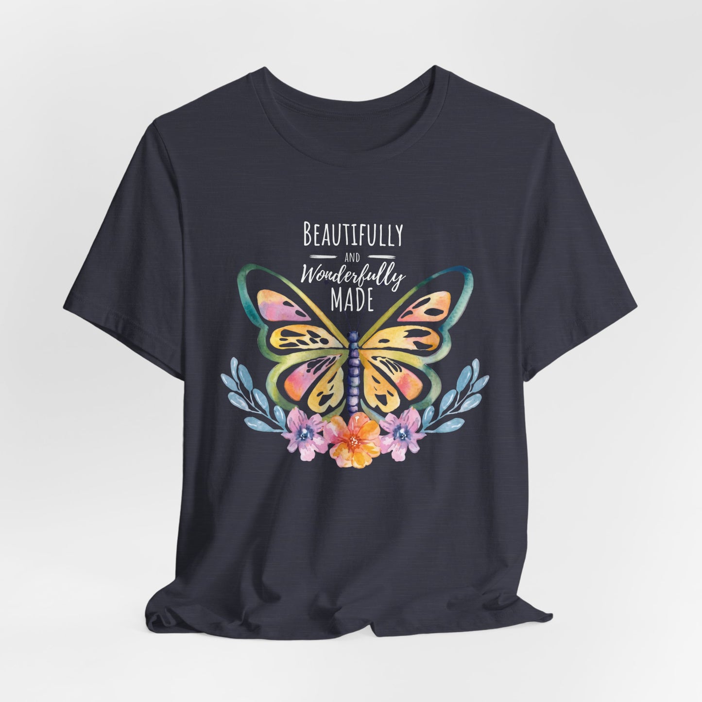 Beautifully & Wonderfully Made Butterfly T-Shirt, Inspirational Floral Graphic Tee - 14954