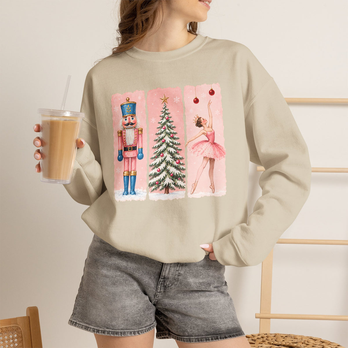 Christmas Nutcracker & Ballerina Sweatshirt, Vintage Pink Holiday Crewneck - 14568