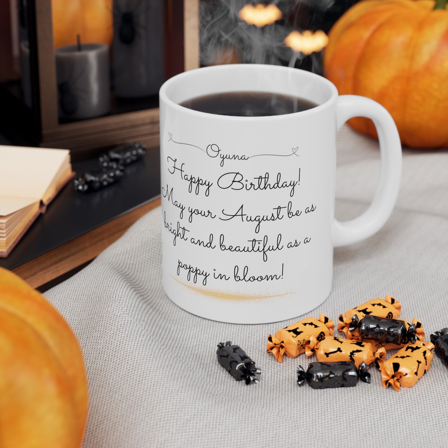 Happy Birthday August, Poppy, Customized Ceramic Mug, (11oz, 15oz)