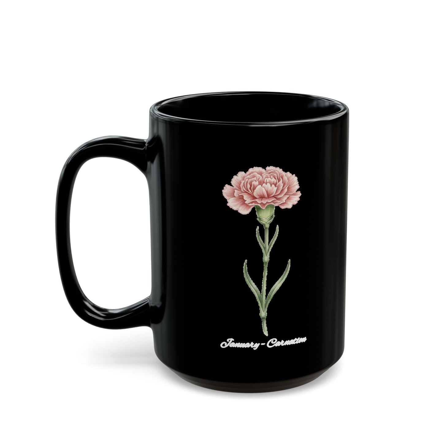 January Carnation Birth Flower Black Mug – Customizable (11oz & 15oz) - 14670