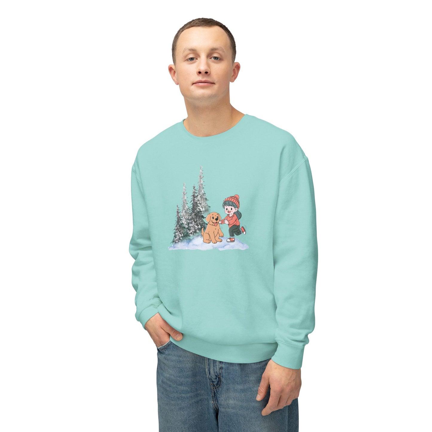 Winter Trees, Girl & Doggy - Unisex Lightweight Crewneck Sweatshirt - 10262