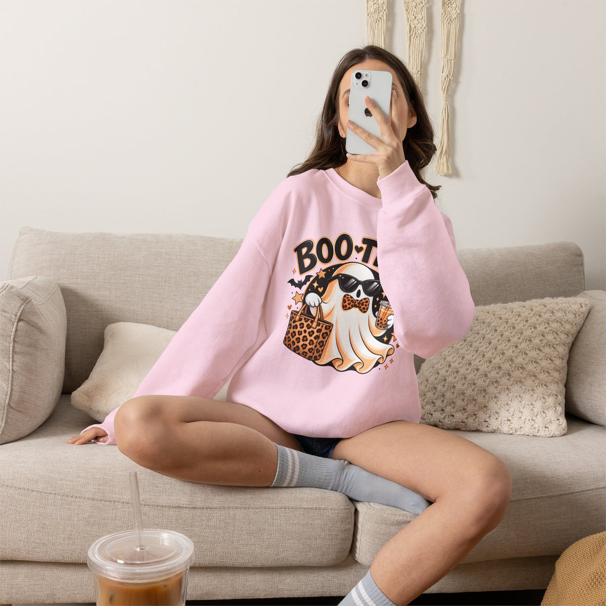 Boo-tiful Halloween Ghost Sweatshirt,  Leopard Print Crewneck - 14523