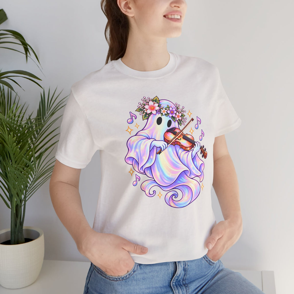 Ghost Violin T-Shirt, Cute Pastel Floral Music Lover Tee - 14528