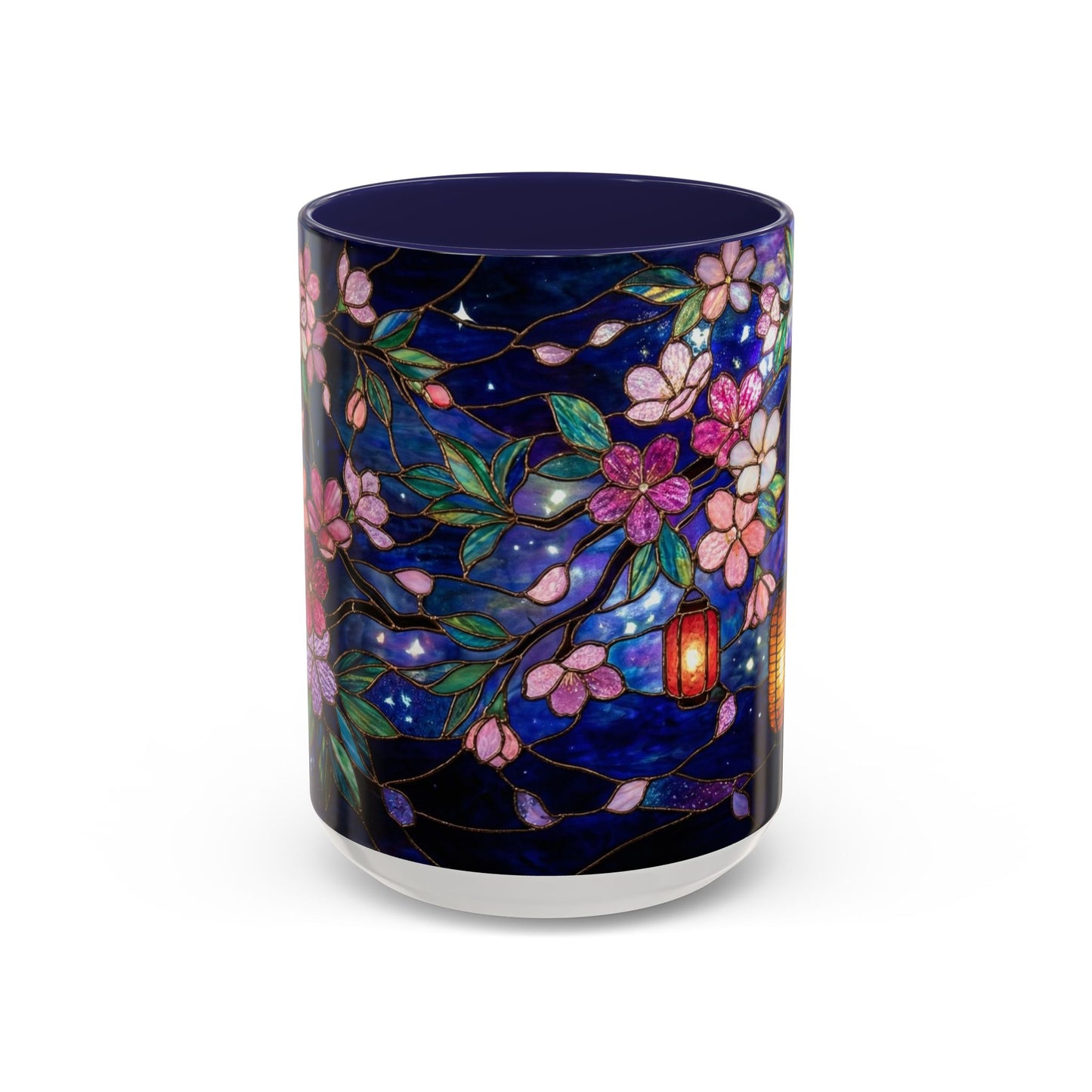 Cherry Blossom Lantern Coffee Mug — Floral Night Sky, Stained Glass Design (11/15 oz) - 14533