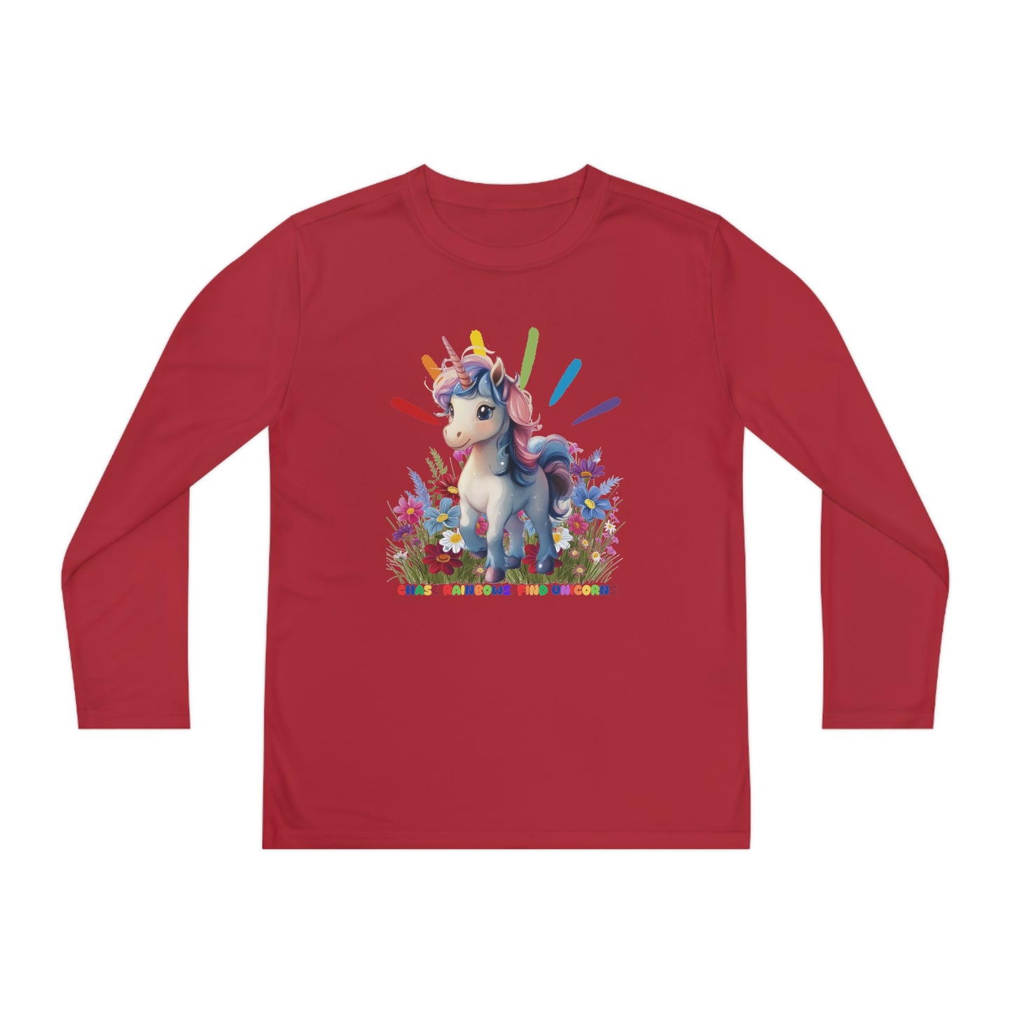 Chase Rainbows, Find Unicorns - Youth Long Sleeve Competitor Tee