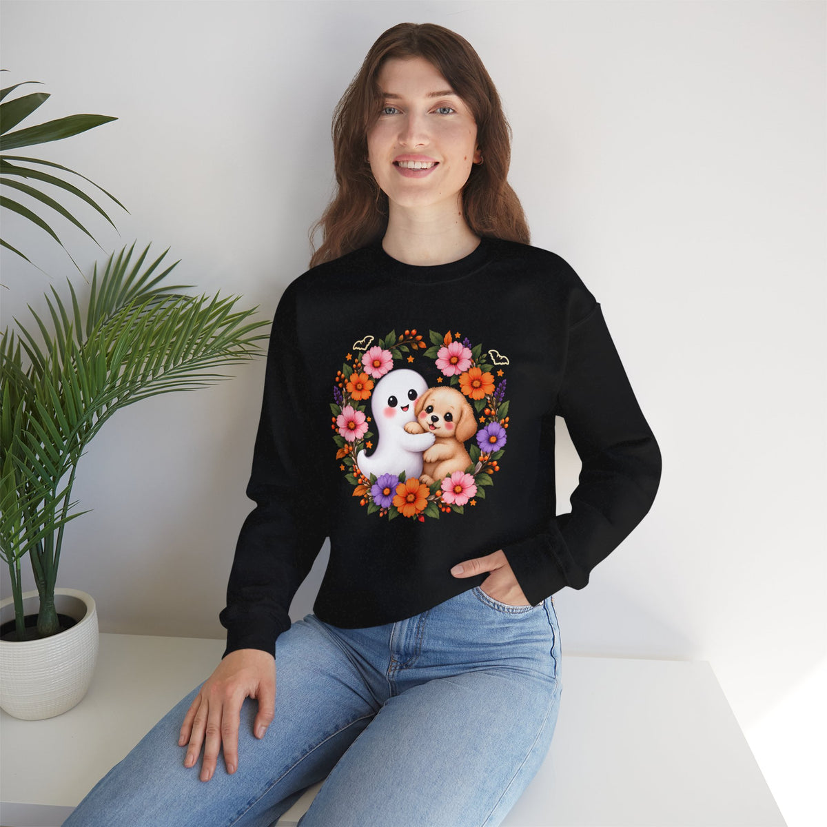 Cute Ghost & Puppy Halloween Sweatshirt,  Floral Crewneck - 14515