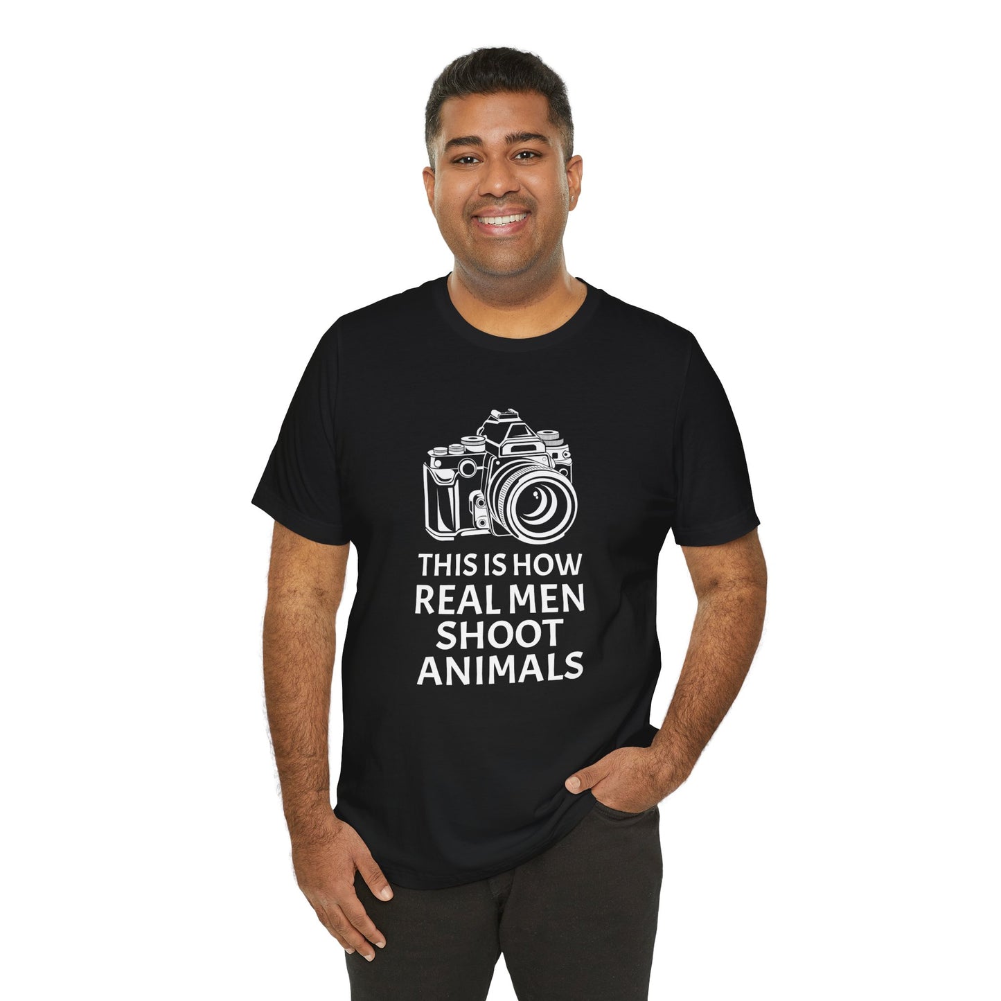 Vegan: This Is How Real Men Shoot Animals - Unisex Jersey Short Sleeve Tee