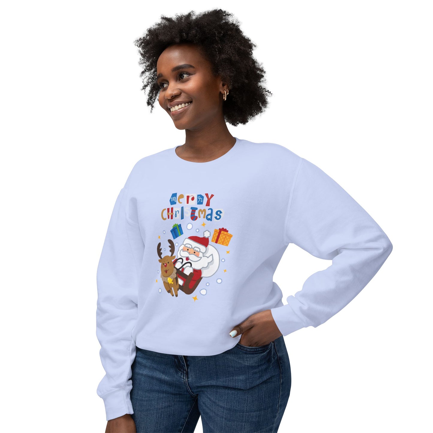 Merry Christmas, Santa & Reindeer - Unisex Lightweight Crewneck Sweatshirt - 10470