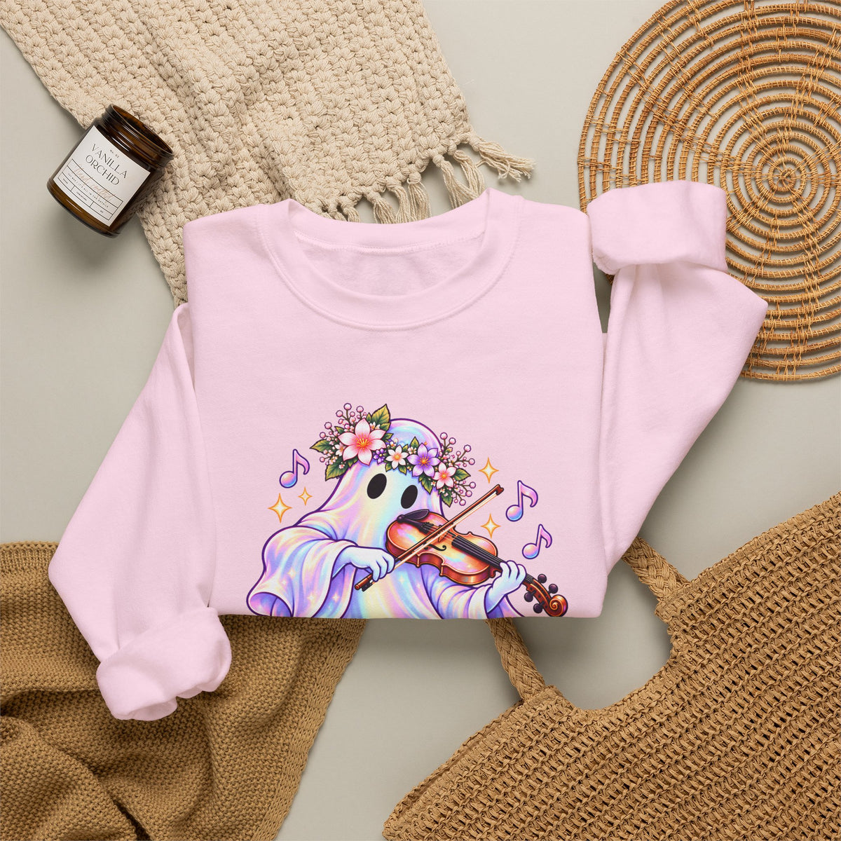 Ghost Violin Sweatshirt — Cute Floral Music Lover Crewneck - 14527