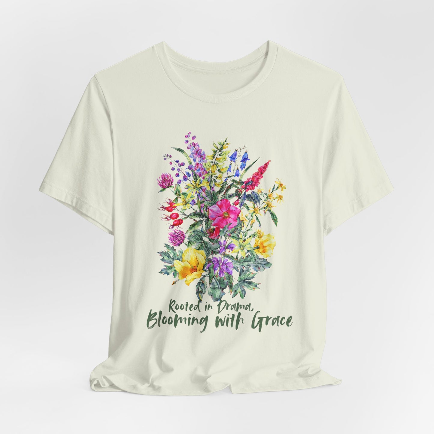 Blooming With Grace Floral T-Shirt, “Rooted in Drama” Watercolor Botanical Tee - 14965