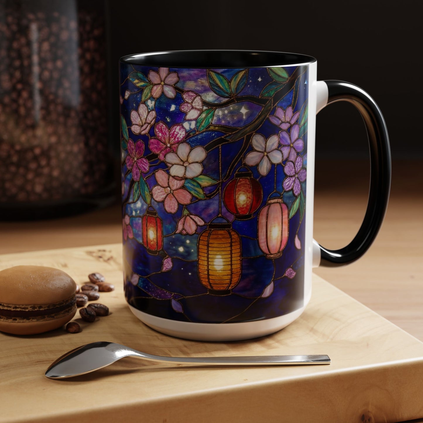 Cherry Blossom Lantern Coffee Mug — Floral Night Sky, Stained Glass Design (11/15 oz) - 14533