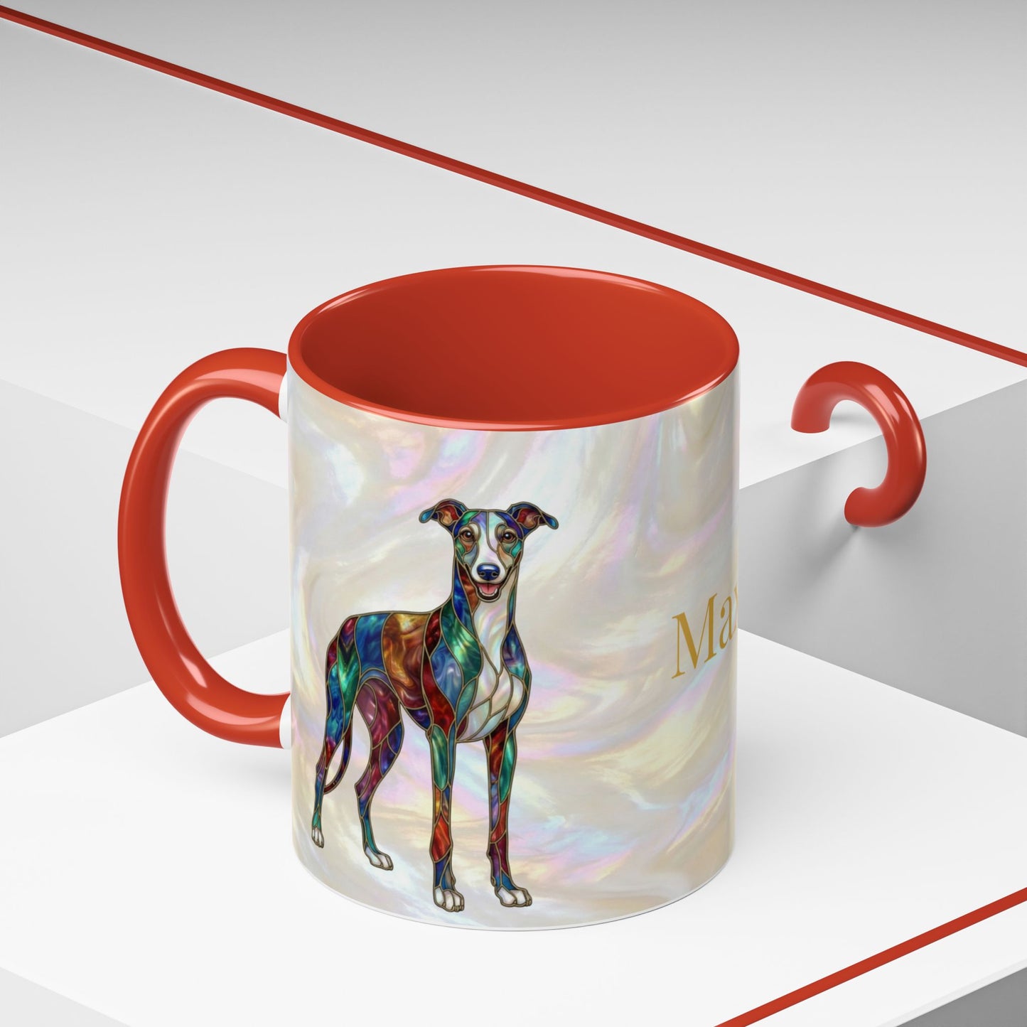 Personalized Greyhound Coffee Mug – Stained Glass Dog Accent Mug (Name Customizable)  - 14523