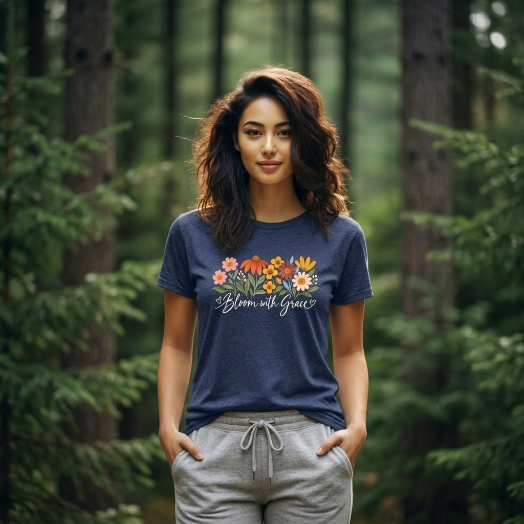 Bloom With Grace Floral T-Shirt, Women’s Inspirational Flower Tee - 14983