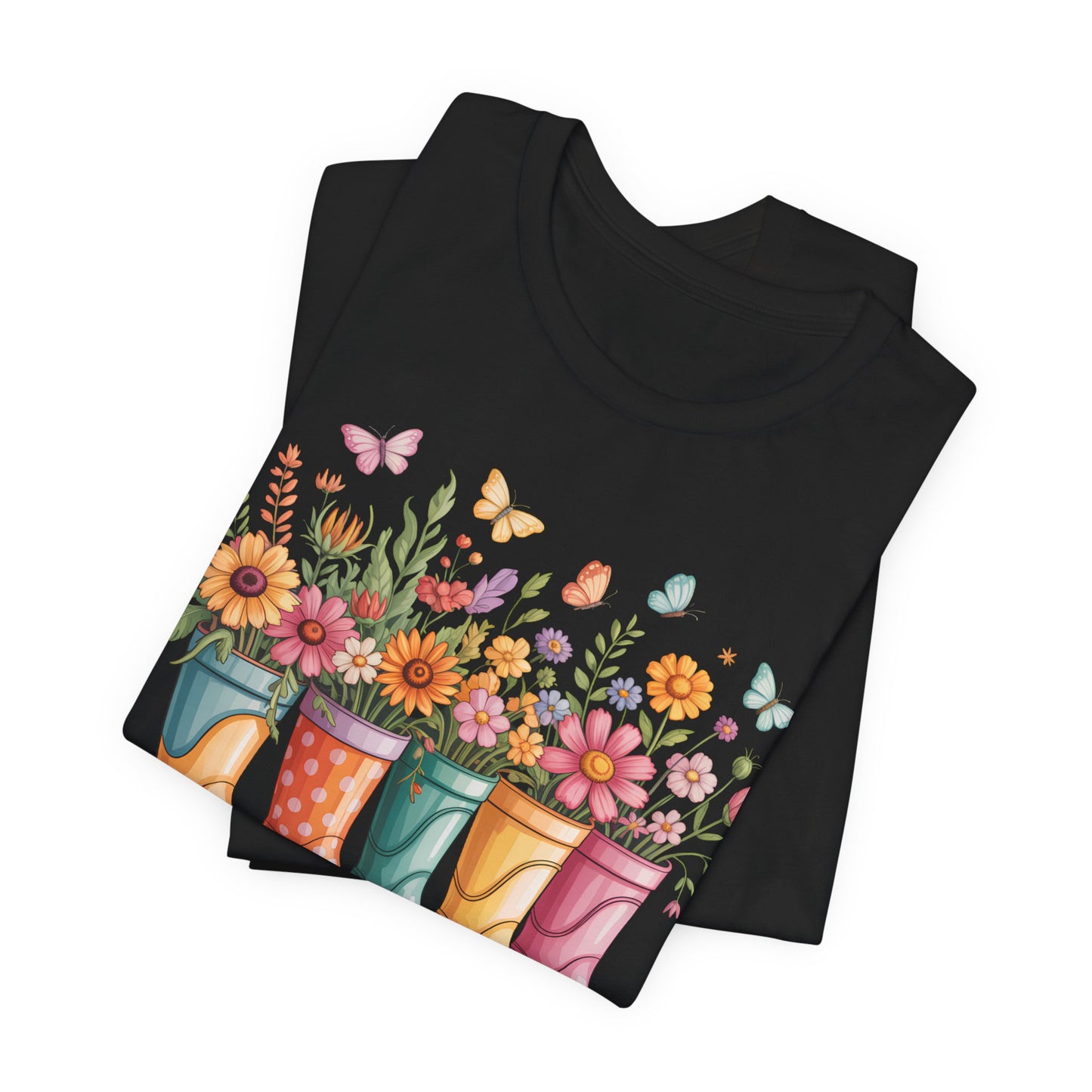 In Full Bloom Garden T-Shirt, Colorful Rain Boots & Flowers Graphic Tee - 14971