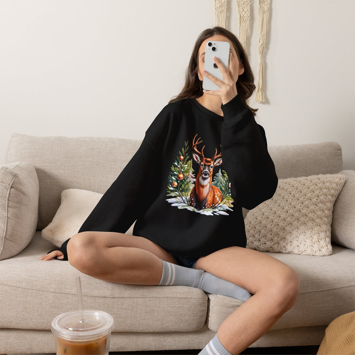 Christmas Deer Sweatshirt, Vintage Woodland Holiday Crewneck - 14562