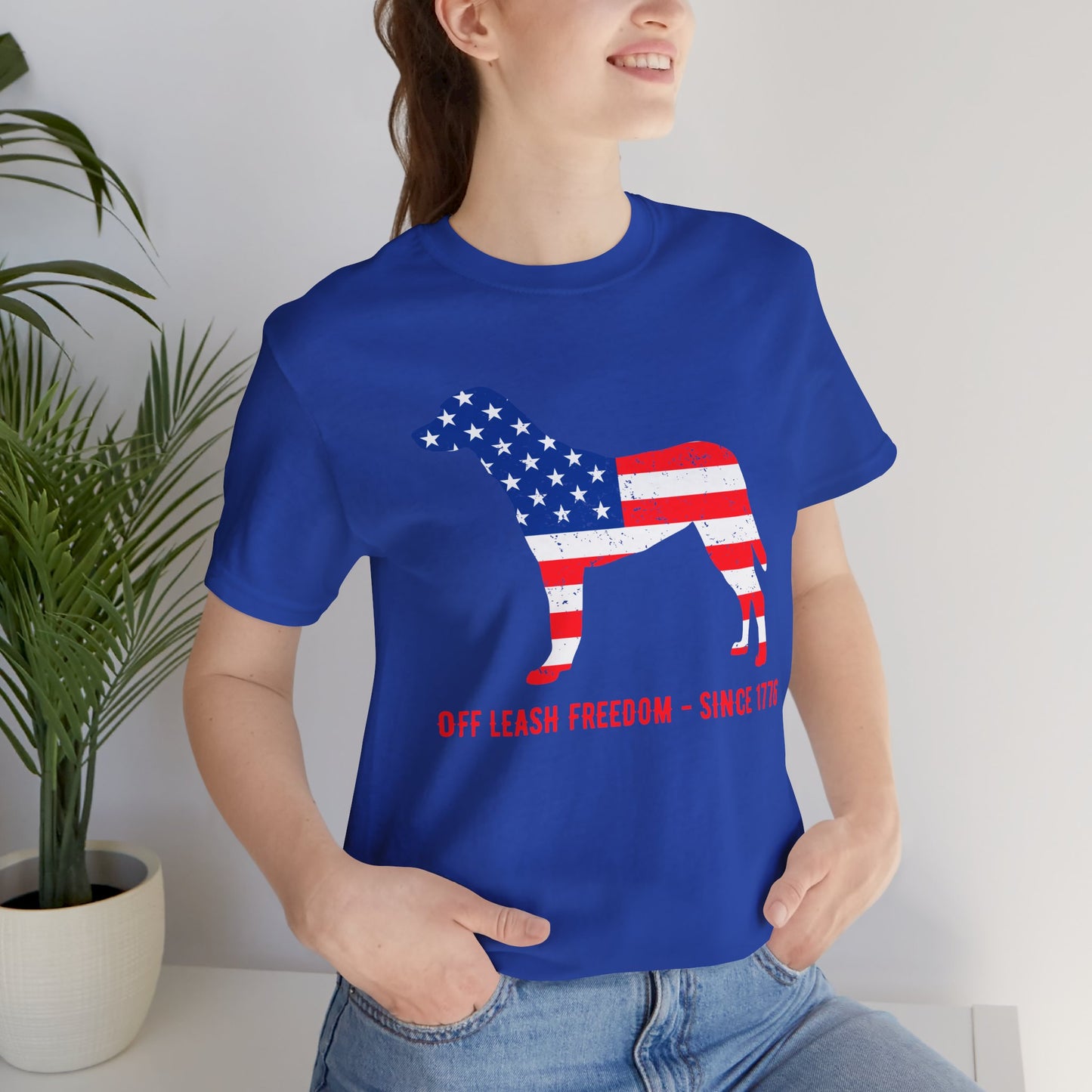 Patriotic Dog Lover Tee | Off Leash Freedom T-shirt, Dog Graphic Shirt, Fourth of July Gift, Casual Wear, Pet Lover Apparel - 13790