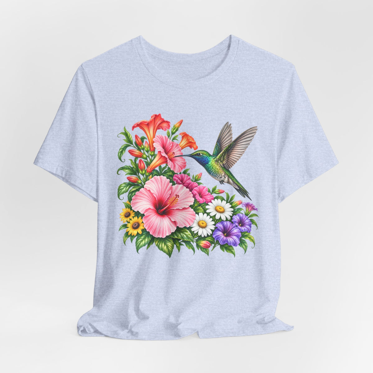 Hummingbird & Hibiscus T-Shirt, Colorful Tropical Floral Garden Tee - 14542