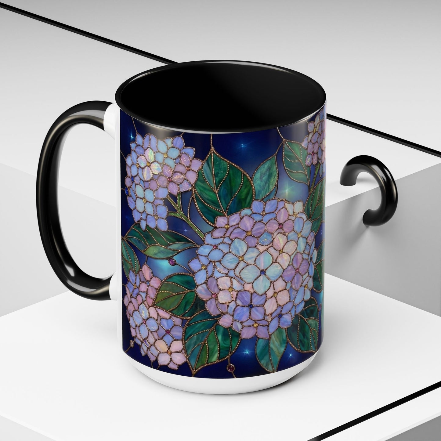 Hydrangea Floral Accent Coffee Mug — Stained Glass Design (11/15 oz) - 14571