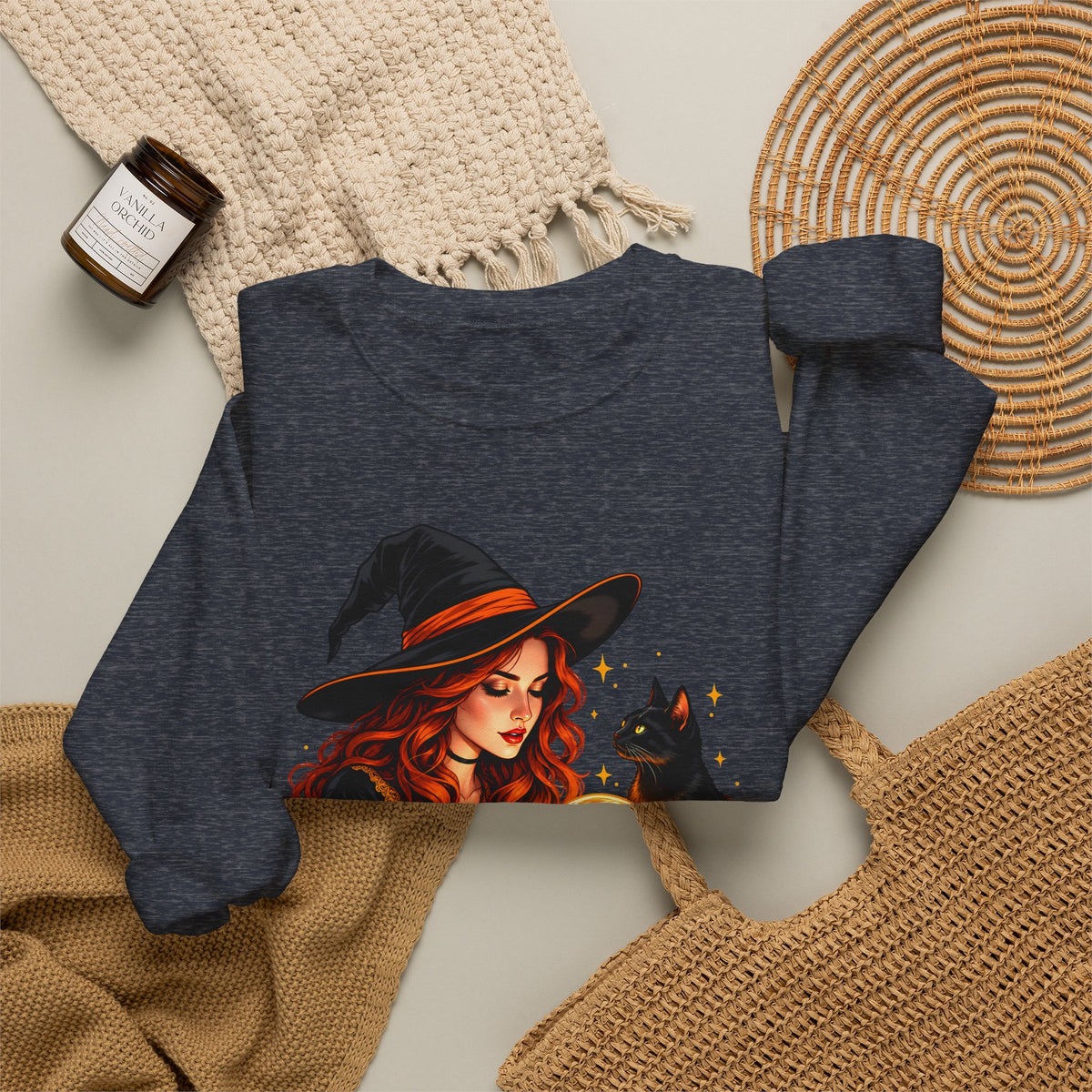 Witch Tarot Crewneck Sweatshirt, Mystic Fortune Teller & Black Cat Design - 14504