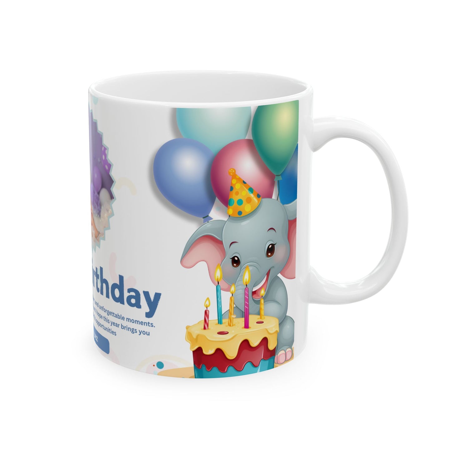 Personalized Birthday Mug, Cute Elephant Mug, Custom Gift, Fun Party Mug, Happy Birthday Coffee Cup, Child's Birthday Celebration - 13974