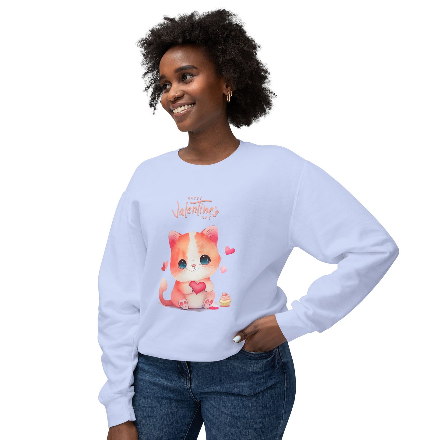 Kitten, Happy Valentine's Day - Unisex Lightweight Crewneck Sweatshirt - 11352