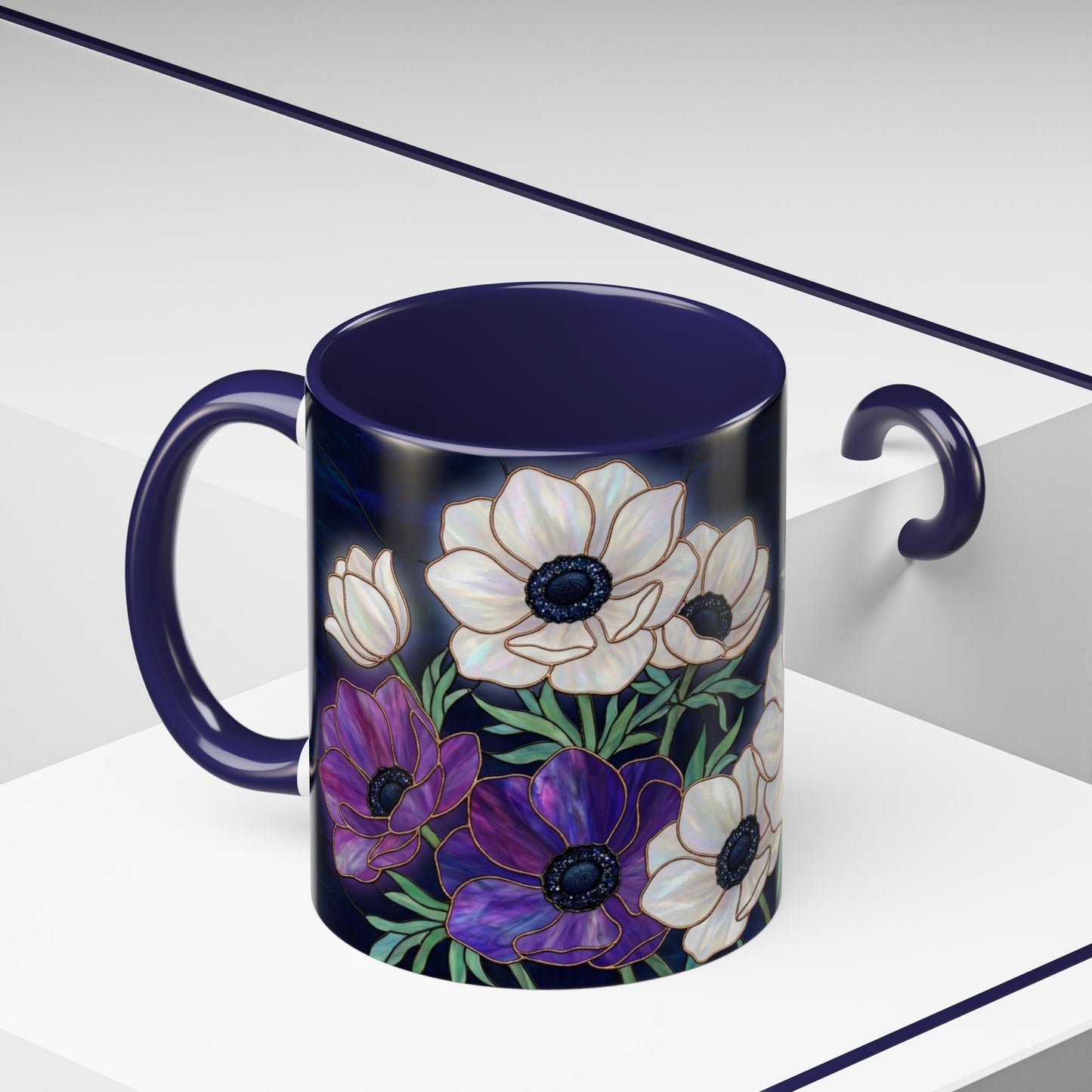 Floral Anemone Accent Coffee Mug — Stained Glass Design 11/15oz - 14552