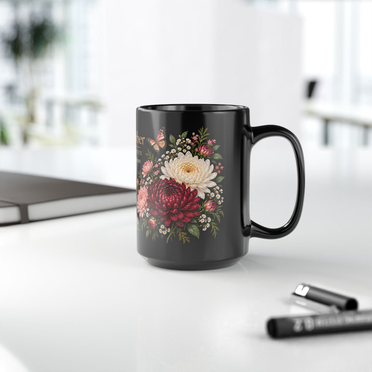 November Chrysanthemum Birth Flower Mug, Personalized Black Floral Mug - 14546