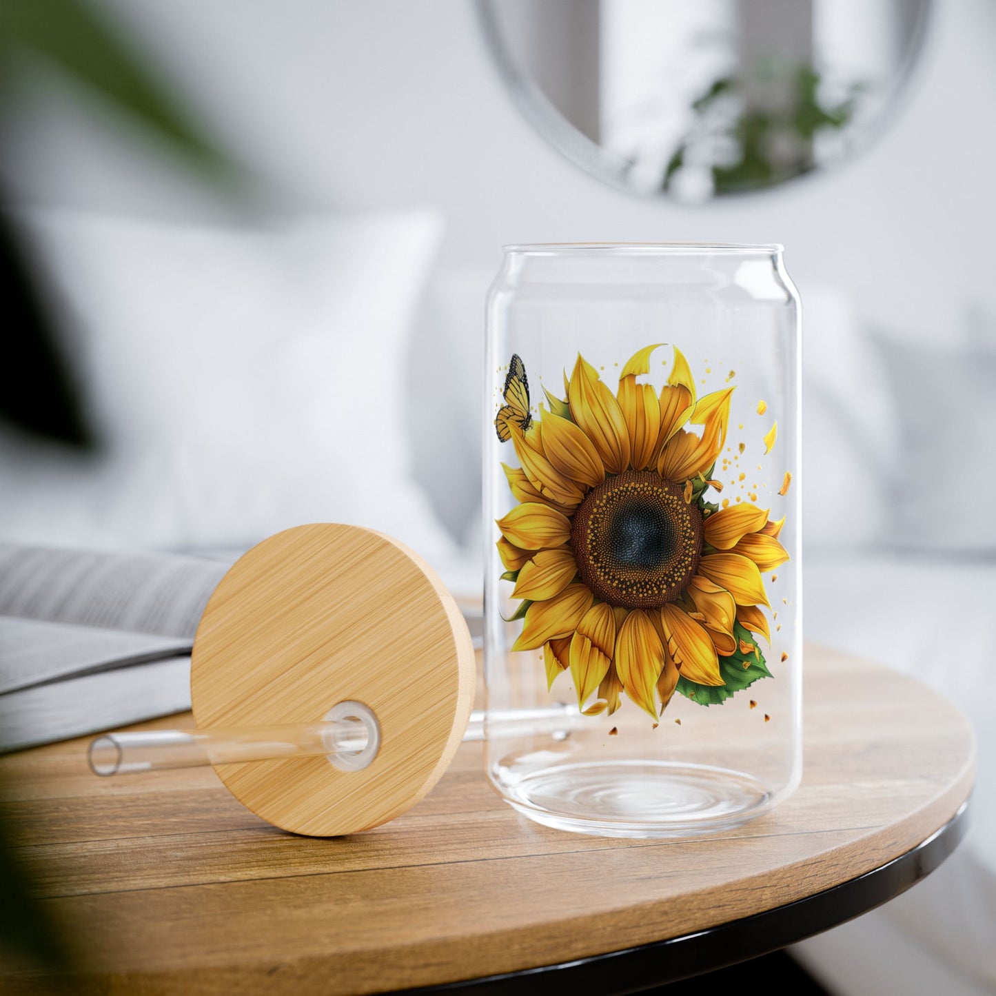 Sunflower & Butterfly,  Customizable - Sipper Glass, 16oz