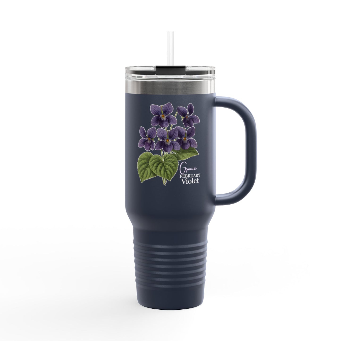 Violet Floral Tumbler – February Birth Flower Gift | 40oz Insulated Travel Mug, Customizable — 14688